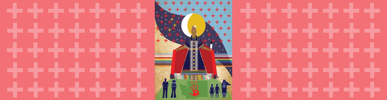 Picture from the cover of the Missing Indigenous Persons toolkit. The image is a painting of a woman in a red dress, behind her are a series of plus signs in white, yellow and red. There is a painted sky behind her and her head is against a drawing of the sun and moon.